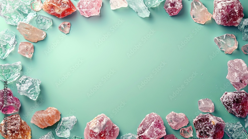 Poster different-colored rocks arranged in a circle on green background with space for text