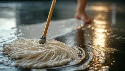 This close-up image shows a mop being used to clean a dark, wet floor, emphasizing the importance of thorough cleaning and the effectiveness of the mop's design.