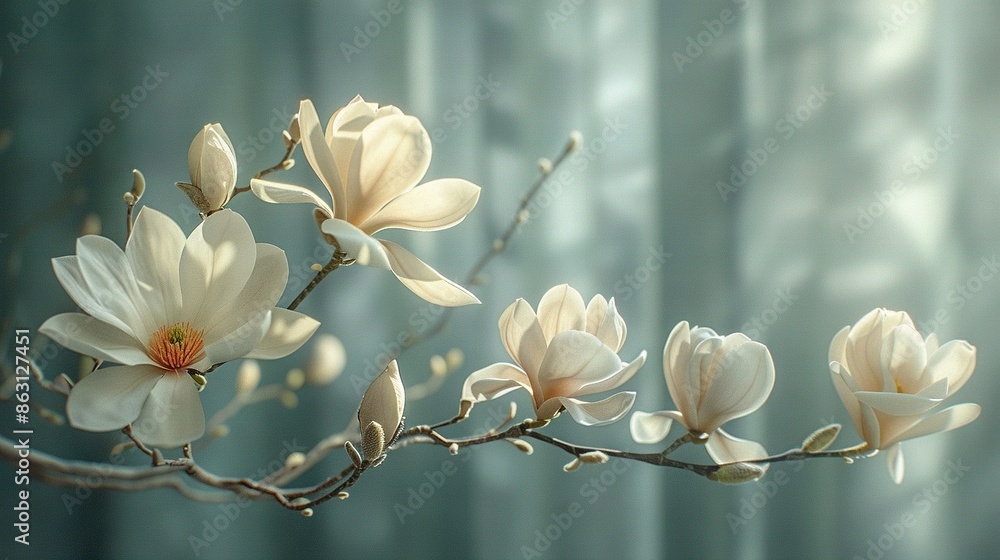 Poster white flowered tree in sharp focus against blurry window backdrop