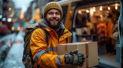 Fototapeta premium delivery man with parcel box over truck on street background delivery service