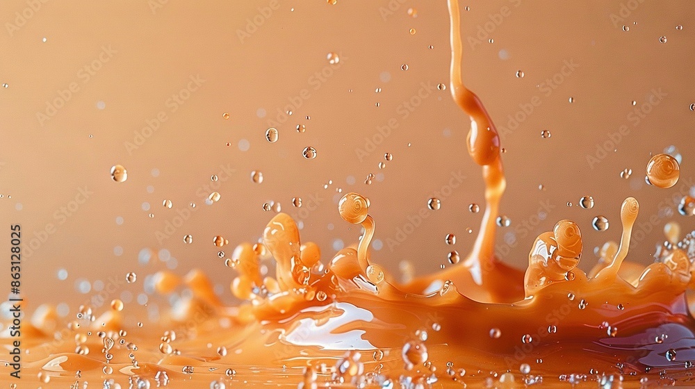 Poster a close-up of liquid splashing onto a surface with water droplets at the bottom of the image