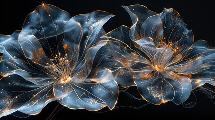   Two blue flowers on a black background with yellow stamens