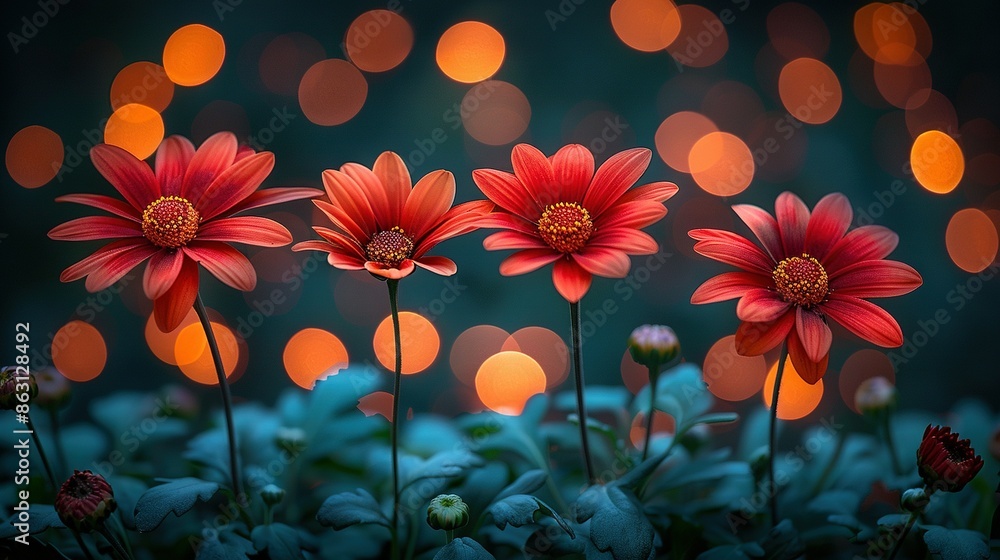 Poster   A cluster of scarlet blossoms resting adjacent to one another against an emerald meadow, with a hazy aura of illumination surrounding them