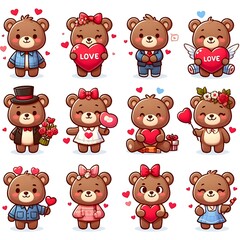Obraz premium Collection set of bear characters in valentine day concept on white background, graphic illustration image generative ai