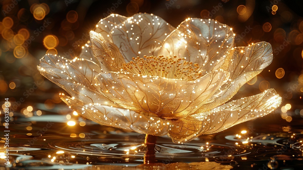 Poster a macro shot of a bloom floating on a reflective surface, illuminated by surrounding lamps