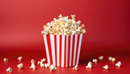 A box of popcorn on left side of the composition on a red background, banner space for text on the canvas