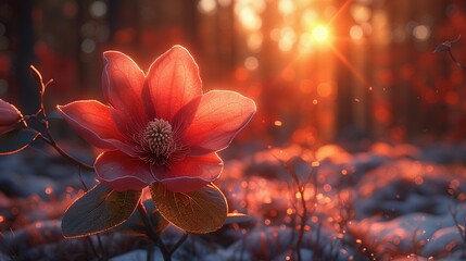   Red flower in grass under sunlit trees