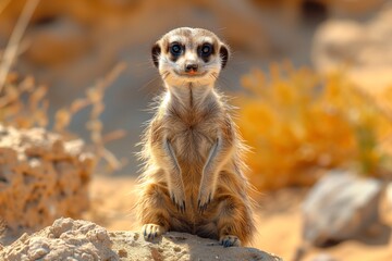 Fototapeta premium Curious Meerkat Sitting on a Rock in the Desert During the Day