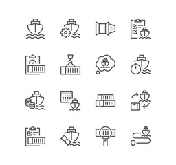 Set of logistics related icons, loading process, container, route, ship, container stacking and linear variety vectors.	
