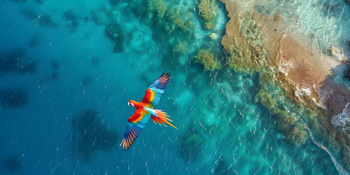 A parrot from above a sea of coral