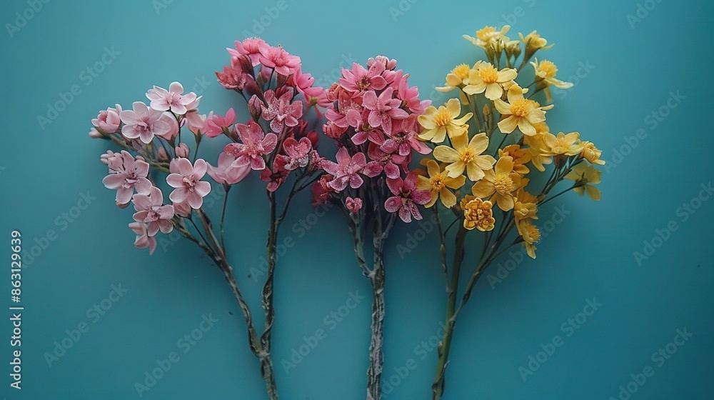 Poster a cluster of blooms resting atop a azure background beside a cerulean backdrop