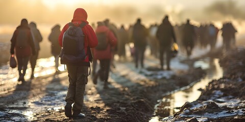 Global crises like war climate change and political unrest create a refugee catastrophe. Concept Refugee Crisis, Global Crises, War, Climate Change, Political Unrest