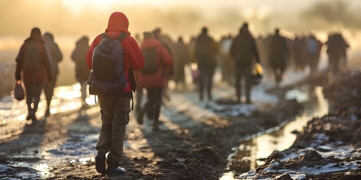 Global crises like war climate change and political unrest create a refugee catastrophe. Concept Refugee Crisis, Global Crises, War, Climate Change, Political Unrest