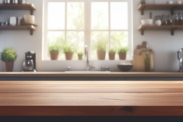 Beautiful natural wooden table with kitchen background