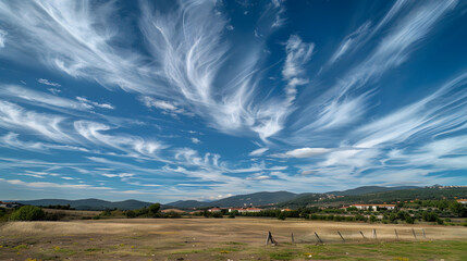 Obraz premium Expansive blue sky with wispy clouds over a serene rural landscape, showcasing natural beauty and tranquility.