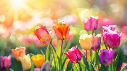 Vibrant Tulips in Full Bloom on a Bright Spring Day with a Blurry Background