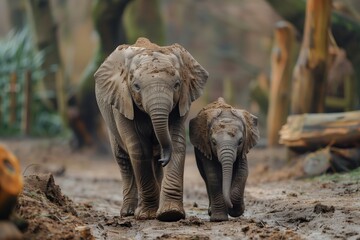 Fototapeta premium Two Baby Elephants Walking On A Dirt Path