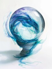 Captivating crystal ball enveloped in a hazy,ethereal veil of misty watercolor swirls,resting on a serene white tabletop,evoking a sense of mystery and introspection.