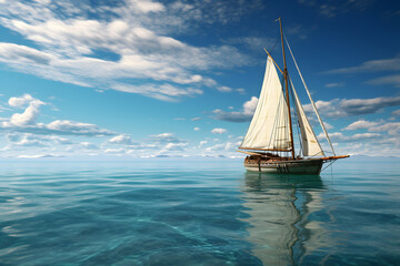 Fototapeta premium A classic wooden sailboat in the middle of the ocean on a sunny calm day.