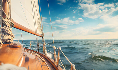 Yacht sailing in an open sea at sunset. Epic seascape.