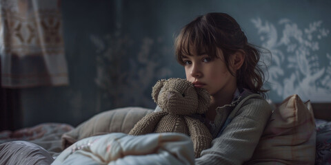 Upset sad girl with toy soft bear sitting on bed in orphanage
