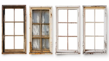 Set of real vintage house window frames, isolated on a white background