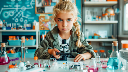 A young girl with blonde hair looks intently through a microscope in a classroom setting, surrounded by colorful beakers and scientific equipment