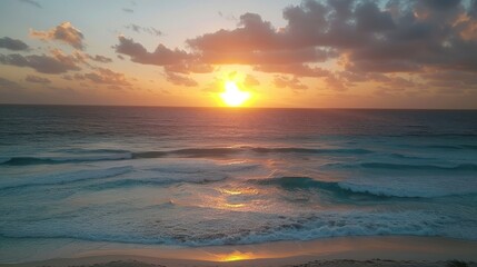 Fototapeta premium Tropical Beach Sunset in Cancun, Mexico - Golden Hour Scenic Ocean View Photo