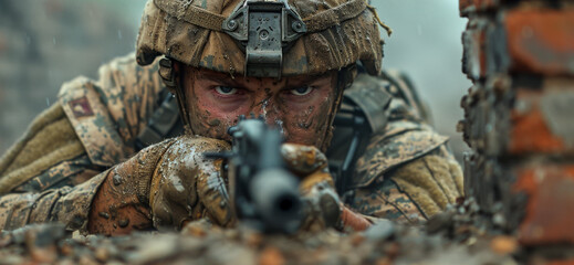 Fototapeta premium A soldier is crouching down and holding a gun