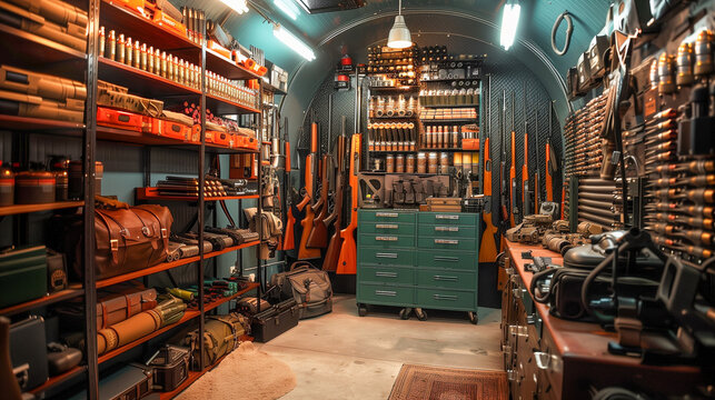 A well-organized hunting and survival bunker with shelves filled with gear, rifles, and ammunition
