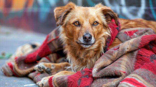 Portrait of a medium sized mixed breed homeless dog in red living outdoors on the street