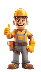 Cute builder 3d. Cute character standing in a yellow suit with a helmet and wrenches. Holds the finger up. Like