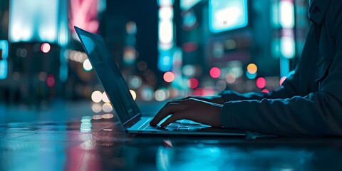 Criminal using laptop in city at night for cybercrime like phishing. Concept Cybercrime, Phishing, Criminal activity, City at night, Using laptop