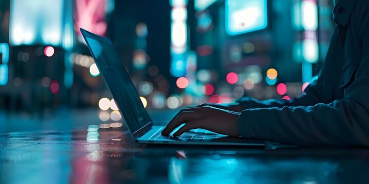 Criminal using laptop in city at night for cybercrime like phishing. Concept Cybercrime, Phishing, Criminal activity, City at night, Using laptop