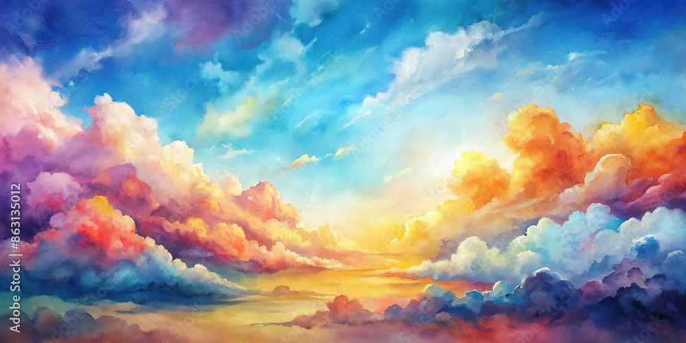 Wall mural watercolor painting of a colorful sky with clouds , watercolor, sky, painting, artwork, colorful, cl - Wall murals