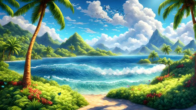 Charming tropical beach scenery, rows of coconut trees and various other green trees add to the beautiful panorama of the beach, in the summer season Seamless looping 4k time-lapse animation video bac
