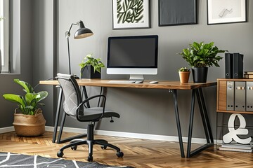 home office setup, modern computer and sleek desk, organized and stylish workspace, 