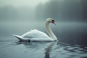 Fototapeta premium White Swan Swimming in Misty Lake on a Cloudy Day