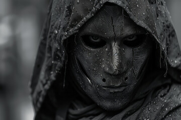 Obraz premium Dark and detailed mask covering the face of a shadowy criminal,