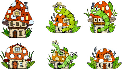 Mushroom house with funny caterpillar. Fairy tale children drawing. Fabulous natural dwelling with cute worm. Fun cartoon illustration