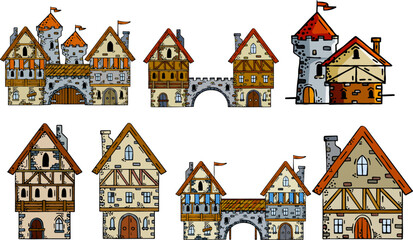 Fototapeta premium Medieval house. Village building. Old house with chimney. Sketch image of vintage european street. Cartoon retro illustration
