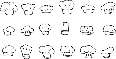 Chef hat, cook uniform. Drawing kitchen bakery cooker cap. Sketch italian culinary. Restaurant white uniform. Set of cooking cloth.