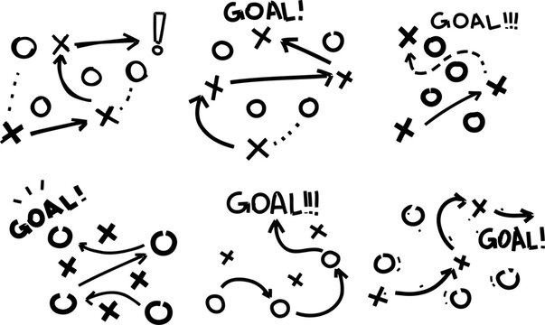 Sports tactics and strategy. Scheme of movement of team player. Combination of crosses and circles with path arrows