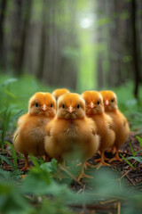 Little yellow chicks lined up in a row,