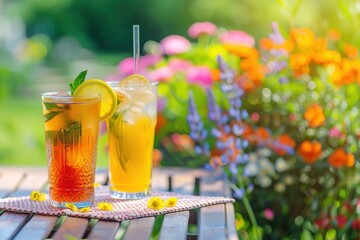 Refreshing summer drinks with lemon slices and flowers on a wooden table outdoors