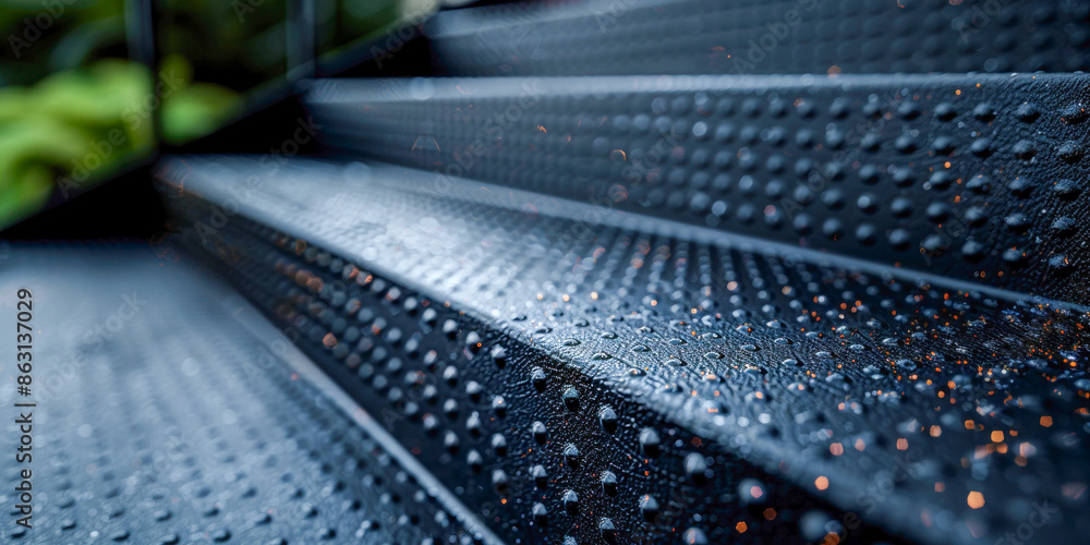 Poster close-up of textured metal steps with sparkling highlights. generative ai.