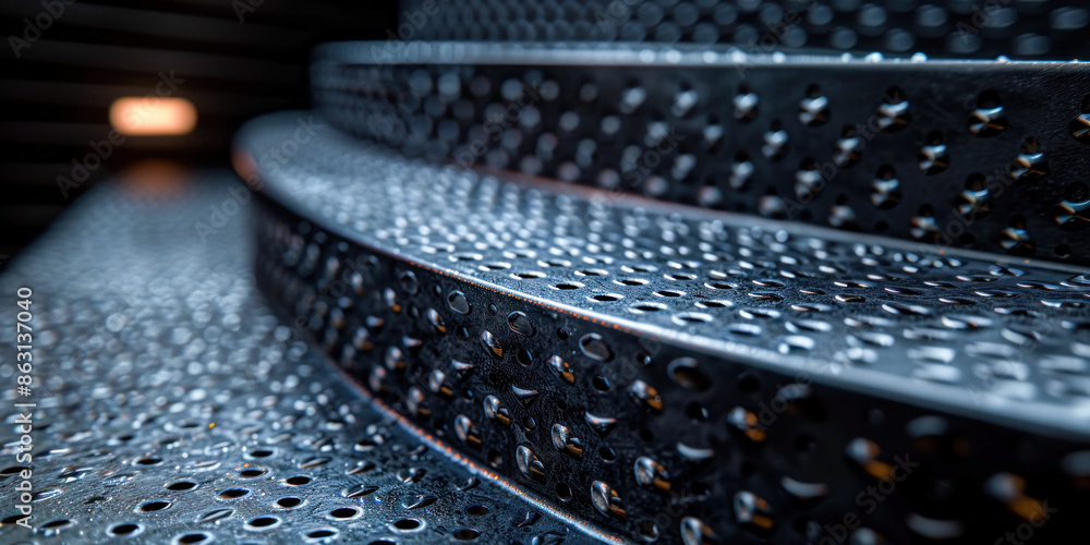 Poster close-up of textured metal steps with sparkling highlights. generative ai.