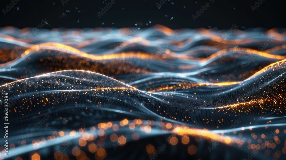 Poster abstract digital waves with glowing particles. generative ai.