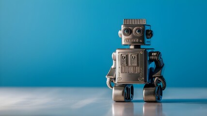 Fototapeta premium Vintage Robot Toy with Sea Blue Background, Retro Robot Toy on a Minimalist Blue Background., copy space.
