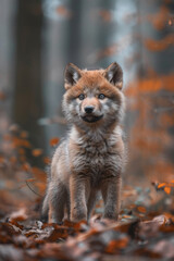 Fototapeta premium Young wolf pups exploring the forest, with curious eyes and fluffy fur,